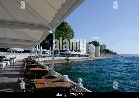 Türkei, Istanbul, Dolmabahce Palast. 19. Jahrhundert Sultan Residenz befindet sich am Ufer des Bosporus. Waterfront Café. Stockfoto