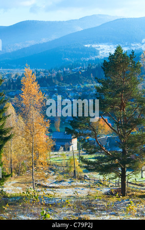 Herbst Rauhreif am Dorfrand von Berg Stockfoto