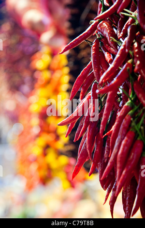 Chilischoten auf einem Marktstand, Barcelona, Spanien Stockfoto