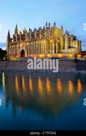 La Seu, beleuchtete Kathedrale und Wahrzeichen von Palma im Abend Licht, historische Zentrum Stadt, Palma de Mallorca, Spanien Stockfoto