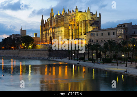 La Seu, beleuchtete Kathedrale und Wahrzeichen von Palma im Abend Licht, historische Zentrum Stadt, Palma de Mallorca, Spanien Stockfoto