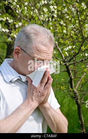 Mann mit Taschentuch, Heuschnupfen, Allergien Stockfoto