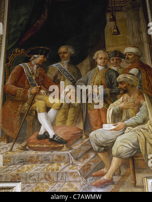 Karl III. (1716-1788). König von Spanien. Dankbarkeit von Charles III gegen den König von Marokko. Gemälde von Pere Pau Muntanya. Stockfoto