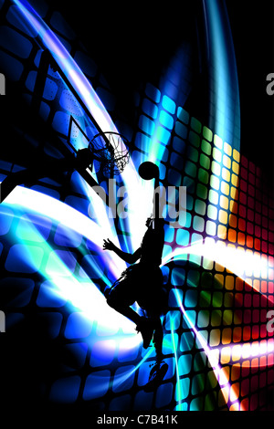 Abstrakte Darstellung einer Silhouette eines Mannes Slam dunking einen Basketball auf einem Hintergrund von regenbogenfarbenen Kunstwerk. Stockfoto