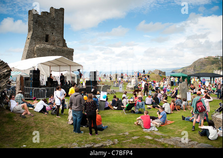 Eine Band spielt auf der Bühne, Roc y Castell / Castle Rock kostenlose Musikfestival Aberystwyth Wales UK Stockfoto