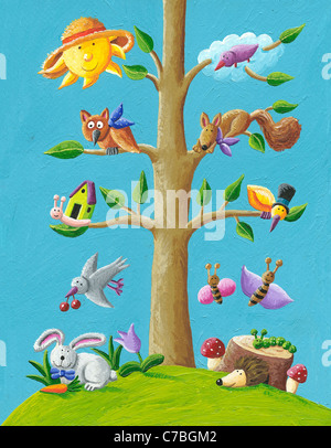 Acryl Illustration der glückliche Baum im Sommer Stockfoto