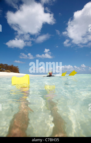 Schnorchler mit flossen in der Nähe von Heron Island Ostteil ist Bestandteil der Capricornia Cays National Park Great Barrier Reef Marine Park Stockfoto