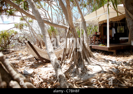 Luxus-Zelt auf Stelzen und Hängematte direkt am Strand unter Pandanus Bäume Wilson Island Resort Wilson Island Teil der Caprico Stockfoto