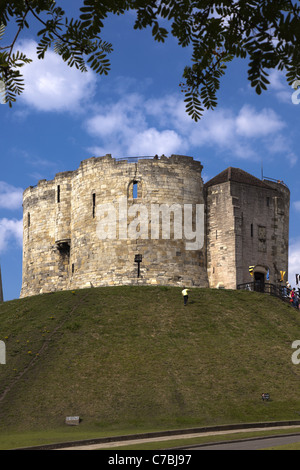 13. Jahrhundert Clifford Tower, York, England, umrahmt von überhängenden Zweigen Stockfoto