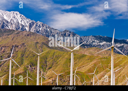 Windkraftanlagen an San Gorgonio Pass Wind Farm unter Mount Jacinto, Palm Springs, Kalifornien USA Stockfoto