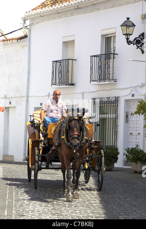 Pferdekutsche in den engen Gassen von Mijas. Suche nach Nordwesten Calle de Malaga, Mijas, Andalusien, Spanien. Stockfoto