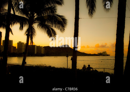 Sunrise, Diamond Head, Waikiki Beach, Honolulu, Oahu, Hawaii Stockfoto