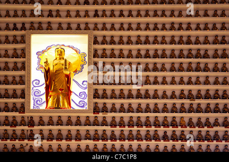 Hunderte von Figuren in Regalen an Wand, beten zehn tausend Buddhas Tempel, Sha Tin, Hong Kong SAR, China, Asien Stockfoto