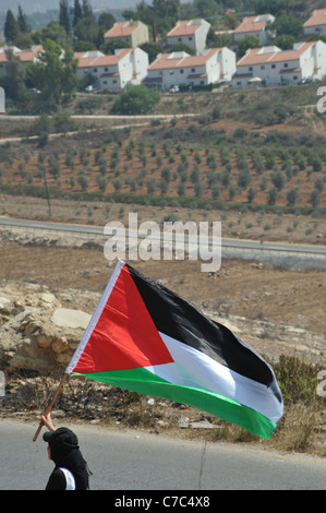 Eine unterdrückte Demonstration durch die israelischen Kräfte in das palästinensische Dorf von Nabi Salih., ein Dorfbewohner Brandishs die Palestini Stockfoto