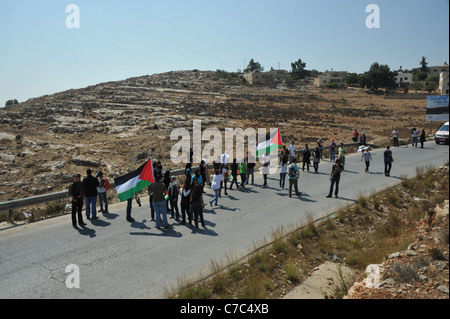 Eine unterdrückte Demonstration von den israelischen Streitkräften in den palästinensischen Dorf von Nabi Salih., wartet die Demonstration für t Stockfoto