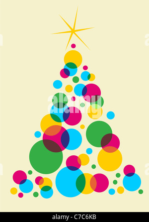 Cyan, Magenta und yellow Blasenbildung einen Weihnachtsbaum mit einem glänzenden weißen Stern an der Spitze. Grünen Hintergrund. Vektor-Datei Stockfoto