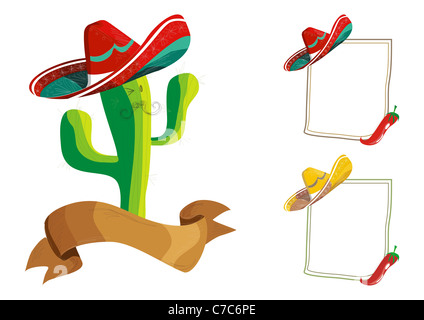 Mexikanisches Essen Menü Design Sets: lustige Kaktus Cartoon Charakter Illustration und Billboard über weiß. Stockfoto