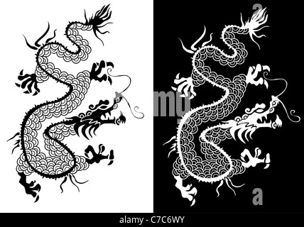 Positiv negativ chinesischer Drache Silhouette Symbol Abbildung. Stockfoto