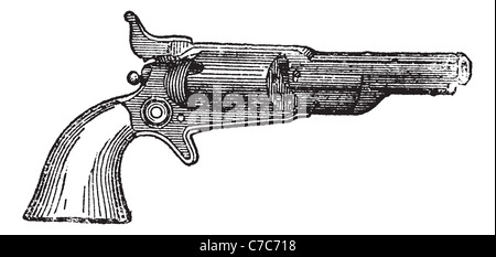 Colt Revolver, Vintage-Gravur. Alten gravierte Darstellung der Colt Revolver isoliert auf einem weißen Hintergrund. Stockfoto