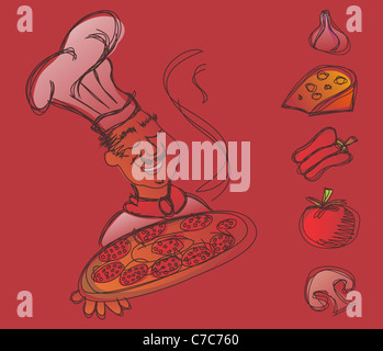 Koch mit einer Pizza in den Händen und Zutaten der italienischen Pizza auf rotem Grund. Vektor zur Verfügung Stockfoto