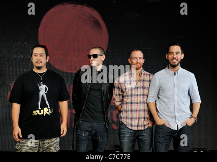 US-amerikanische Rock-Band "Linkin Park" besucht eine Pressekonferenz in Tokio, Japan. Stockfoto