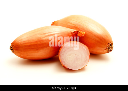 Schalotten auf weißem Hintergrund Stockfoto