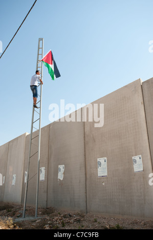 Ein Jugendlicher wirft eine palästinensische Flagge auf einem Turm in der Nähe der Wand zwischen der israelischen Siedlung Har Gilo und palästinensischen Al-Walaje. Stockfoto