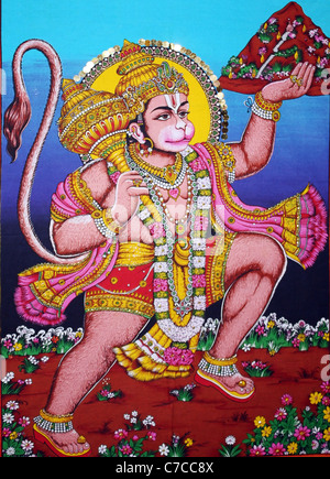 Hanuman, der Affengott in der hinduistischen Mythologie, ein Gemälde zeigt ihm die Aufhebung des Maruthva-Bergs Stockfoto