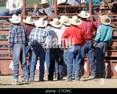 Konkurrenten bei Bronco Reiten Rodeo statt bei den Crow Fair, Montana, beobachten Sie, wie ein weiterer Wettbewerber sich vorbereitet Stockfoto