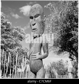 Neuseeland, 1950er Jahre. Eine geschnitzte Holzfigur Maori befindet sich in einem Nationalpark in diese historische Aufnahme J Allan Cash. Stockfoto