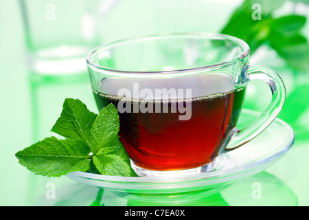 Heißes Teegetränk mit Minze im Glas Stockfoto