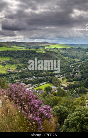 Hebden Bridge und Mytholm von Heptonstall, Calderdale, West Yorkshire Stockfoto