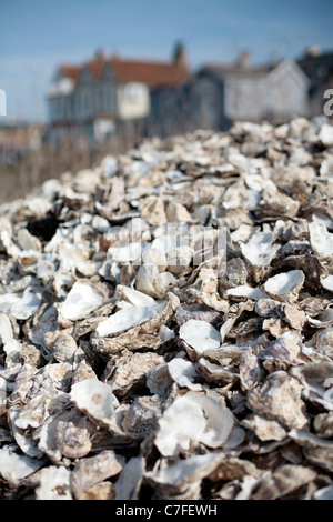 Haufen von Austernschalen am Strand in Whitstable, Großbritannien. Stockfoto