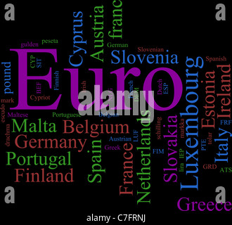 Word Cloud basiert auf der gemeinsamen europäischen Währung Stockfoto