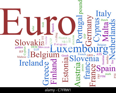 Word Cloud basiert auf der gemeinsamen europäischen Währung Stockfoto