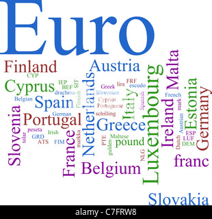 Word Cloud basiert auf der gemeinsamen europäischen Währung Stockfoto