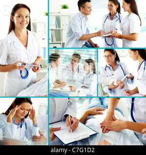 Collage aus zuversichtlich Ärzten und ihren Patienten im Krankenhaus Stockfoto