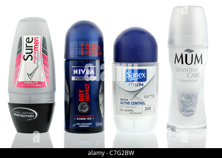 Eine Auswahl von 0 % Alkohol frei Deo roll-on anti-Transpirant-Produkte Stockfoto