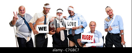 Gruppe der geschädigten Unternehmer nach einem Rugby-Spiel Stockfoto