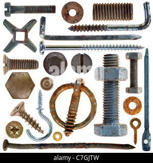 Sammlung alte rostige Schrauben Köpfe Schrauben Stahl Muttern alt Metall Nägel isoliert auf weißem Hintergrund Stockfoto