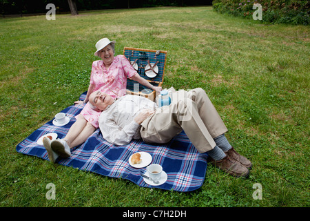 Älteres Paar haben entspannenden Picknick im park Stockfoto