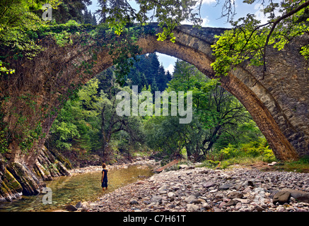 Die alte Steinbrücke der Neraidochori (auch bekannt als "Chatzipetros") in der Nähe von Neraidochori Dorf, Trikala, Thessalien, Griechenland Stockfoto