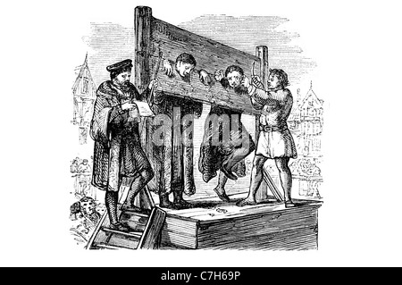 Pranger mittelalterlichen körperlichen Bestrafung öffentliche Demütigung Opfer Markt Hohn Täter krimineller körperliche Kriminalität recht lächerlich machen Stockfoto