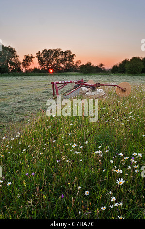 Heu-Rudern Traktor montierte Maschine im Norden Wiese Cricklade National Nature Reserve Stockfoto