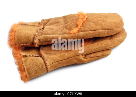 Pelz Wildleder Handschuhe isoliert auf weißem Hintergrund Stockfoto