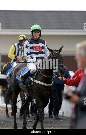 Jockey Rückkehr in der Gewinner-Arena in Ffos Las Pferderennbahn nördlich der Stadt Llanelli, Carmarthenshire. Stockfoto