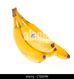 Eine Reihe von Reife gelb Fyffes Bananen aus Kolumbien auf weiße Hintergrundbeleuchtung Hintergrund Stockfoto