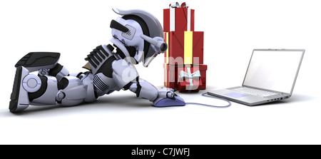 3D Rendern eines Roboters shopping für Geschenke auf einem computer Stockfoto