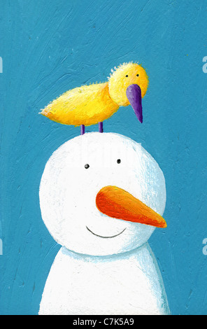 Acryl Illustration der niedlichen glücklich Schneemann mit gelber Vogel Stockfoto