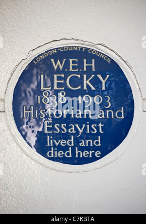 London Grafschaftsrat Plakette markiert eine Heimat der Essayist und Historiker w.e.h. Lecky South Kensington, London, England Stockfoto